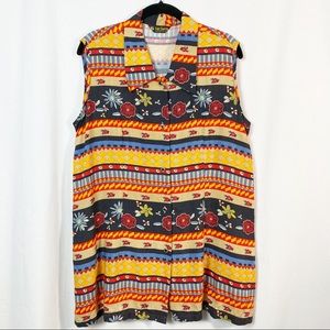 Vintage Bright Boho Floral Geometric Stripe Print Sleeveless Shirt Lg
